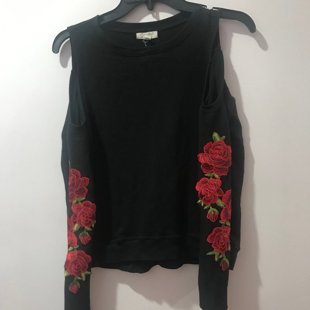 Black Cold Shoulder Sweater w Rose Embroidery